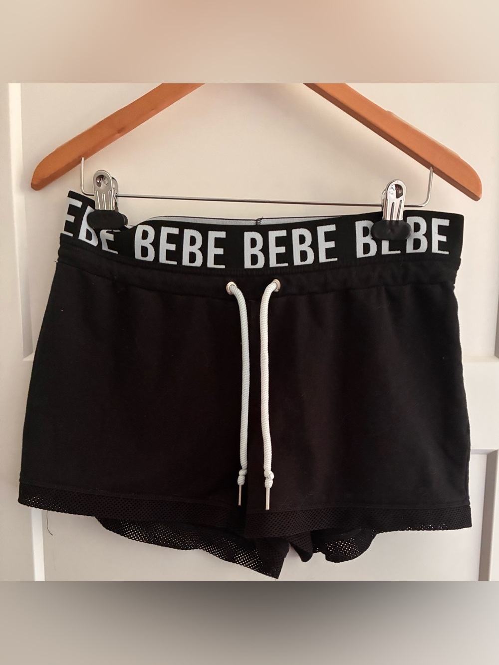 bebe Black Logo Waist Athletic Shorts with White Drawstring